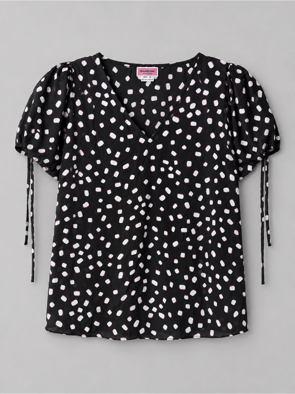Black Red & White Dot V-Neck Puff Sleeve Top